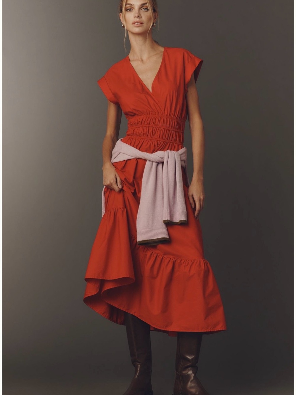 Maeve Rust Red High-Low Midi Dress with Smocked Waist